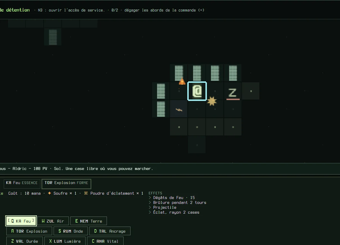 Capture du jeu : le joueur, au centre de la carte, prépare l’incantation KA TOR face à une créature.